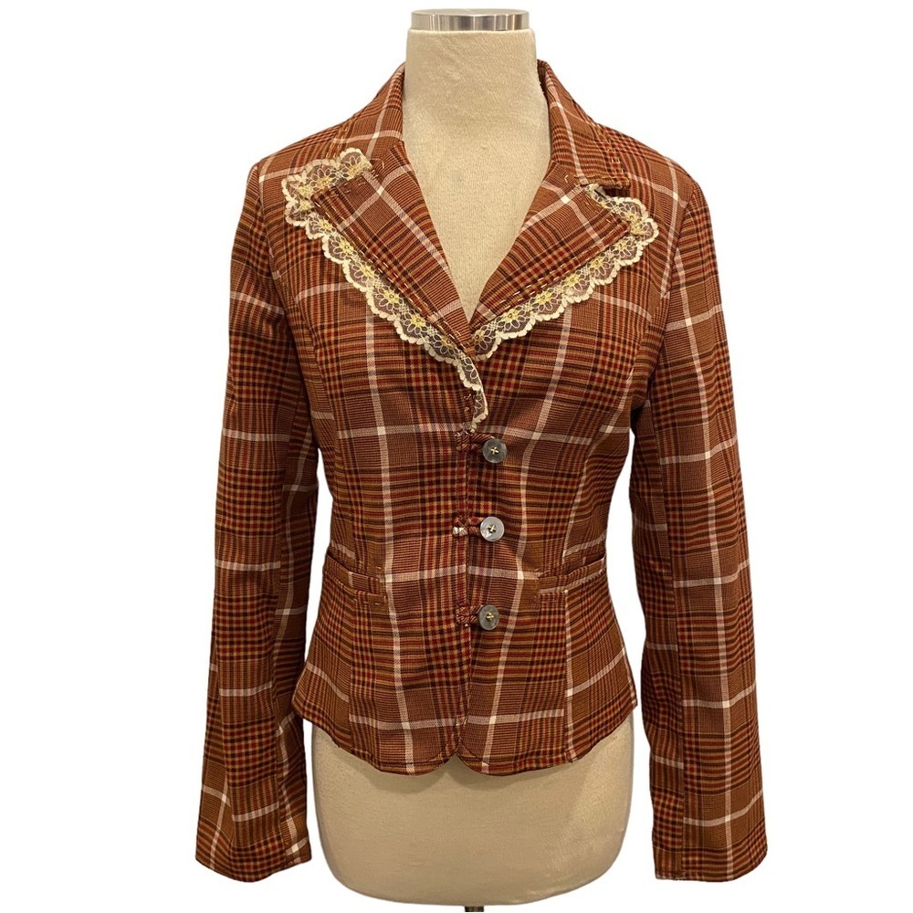Y2K Plaid Blazer With Lace Trim Collar - Picture 1 of 11